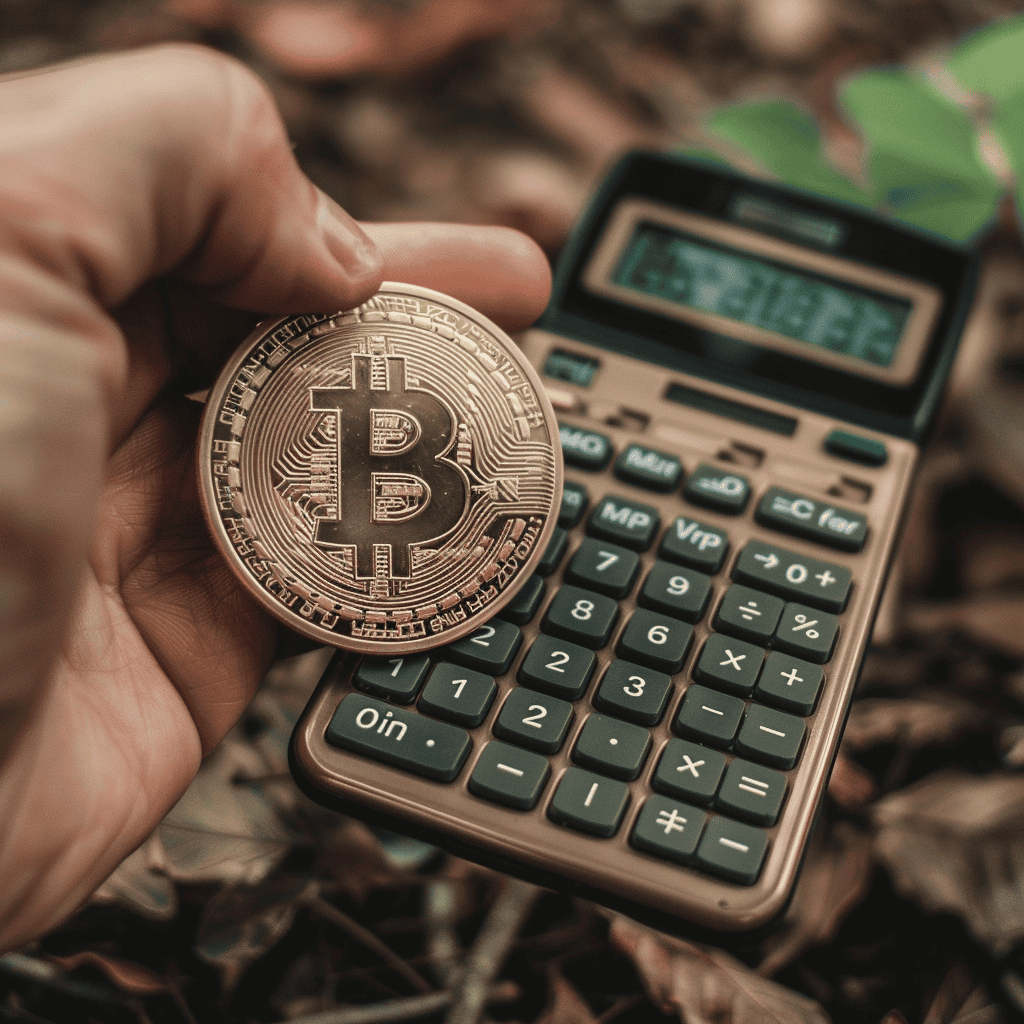 Hand holding a bitcoin over a crypto tax calculator.